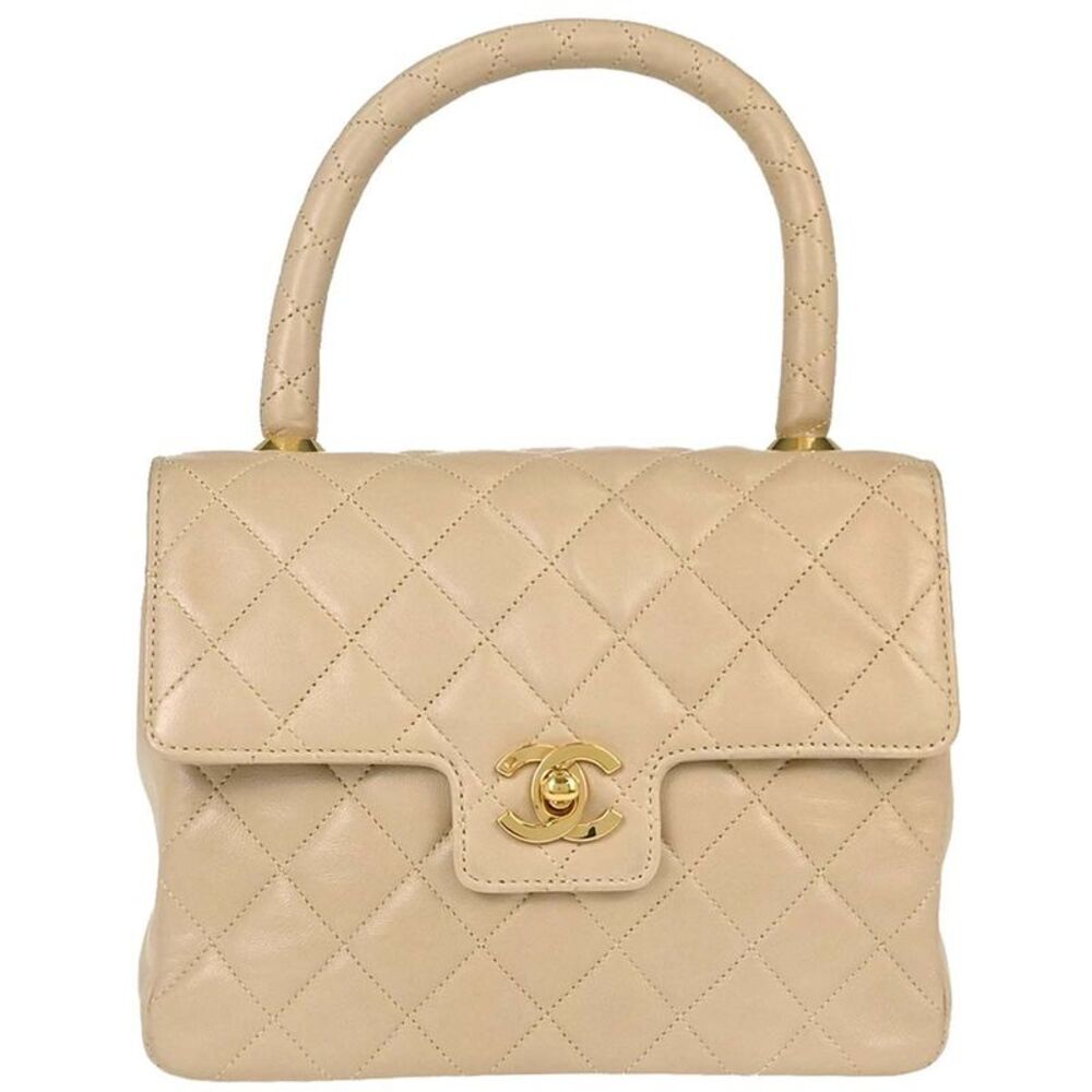 Chanel Cc Top Handle Flap Quilted Lambskin Beige Leather Handbag